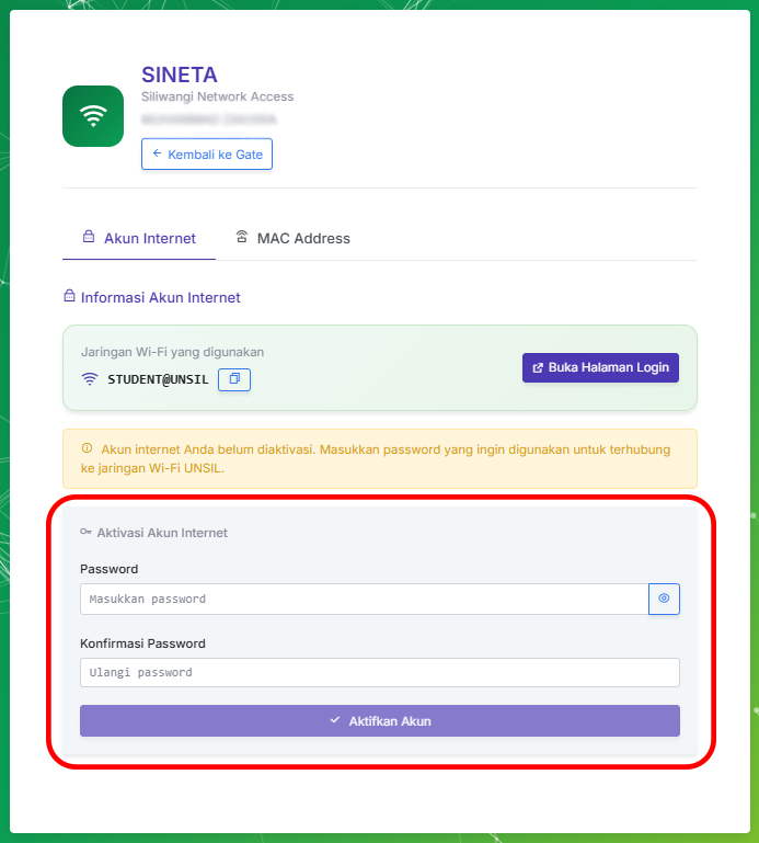 Halaman aktivasi akun SINETA