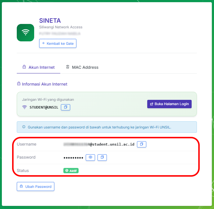 Akun SINETA berhasil diaktivasi