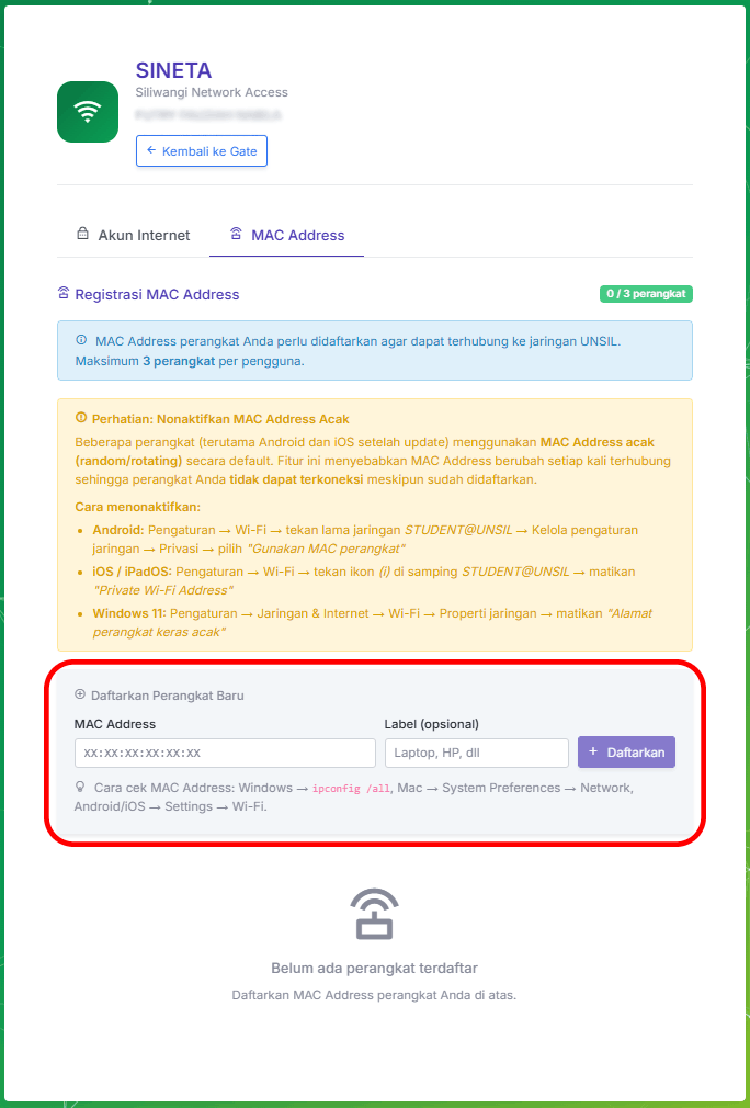 Form registrasi MAC Address di SINETA