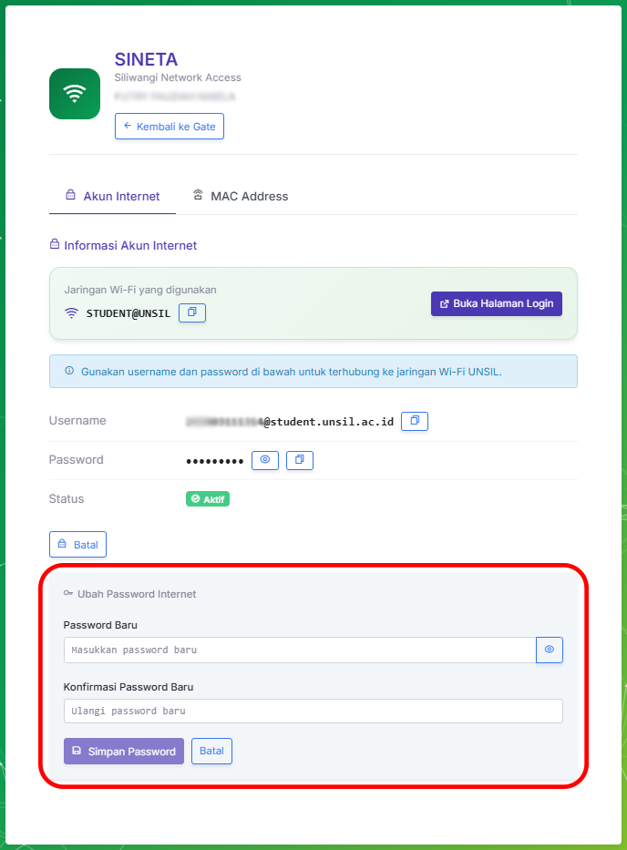 Tombol Ubah Password di halaman SINETA