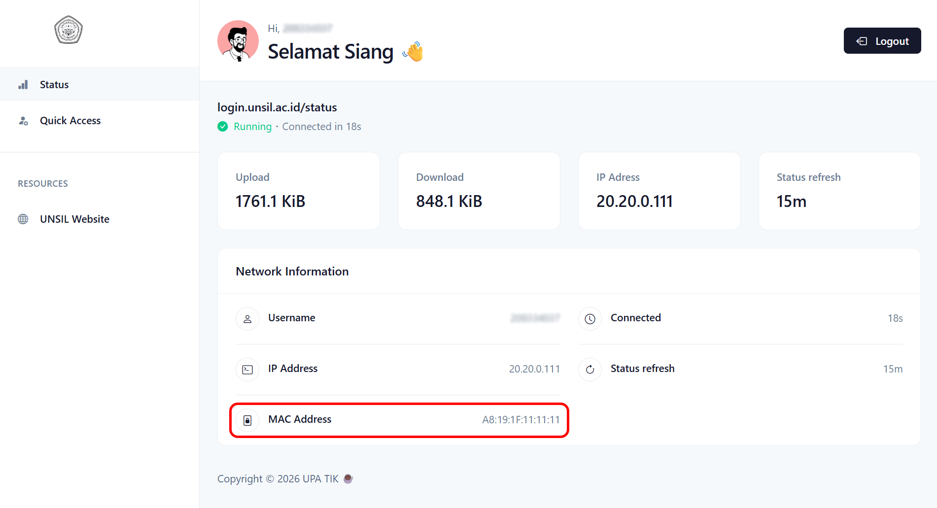Halaman status menampilkan MAC Address